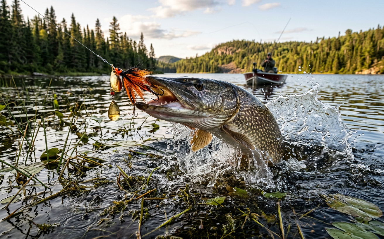 Un énorme brochet attaquant un bucktail dans les herbiers.