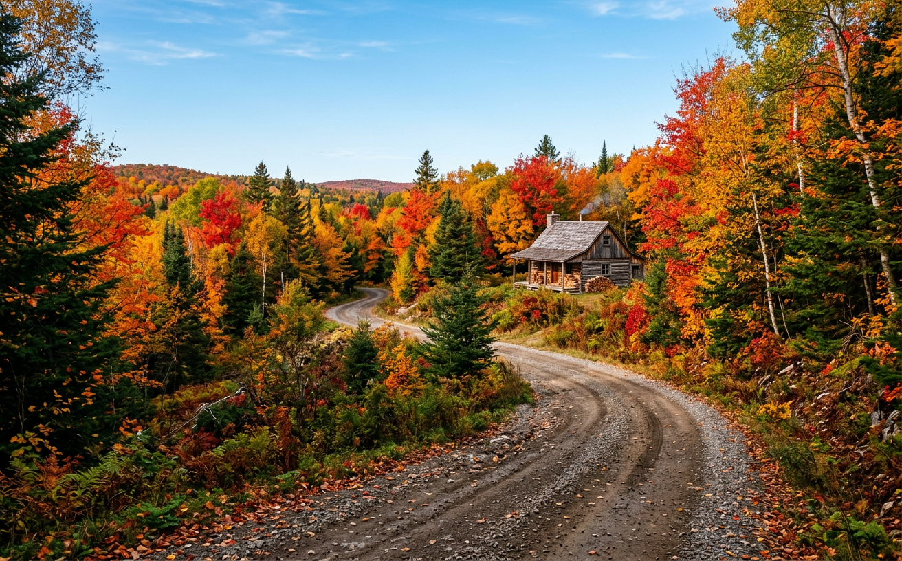 Boreal forest in autumn with a hunting trail and a wooden cabin.