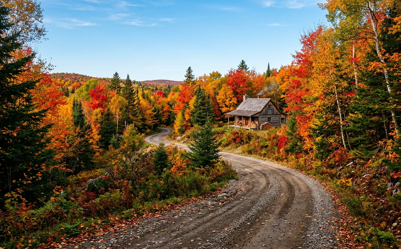 Boreal forest in autumn with a hunting trail and a wooden cabin.