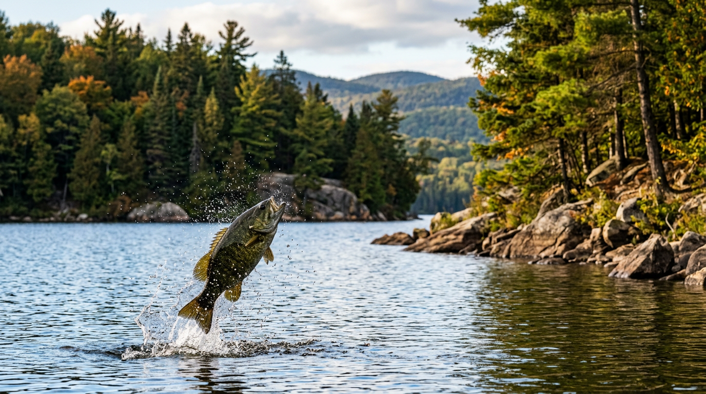 A smallmouth bass jumping out of a clear Laurentian lake surrounded by rocks and pine trees.