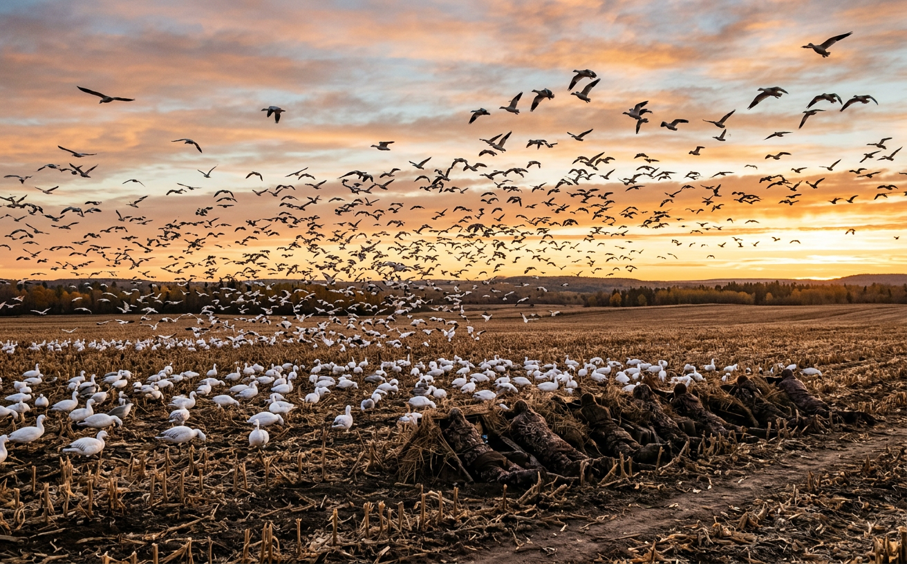Thousands of snow geese flying over a field at sunrise during the migration in Quebec.