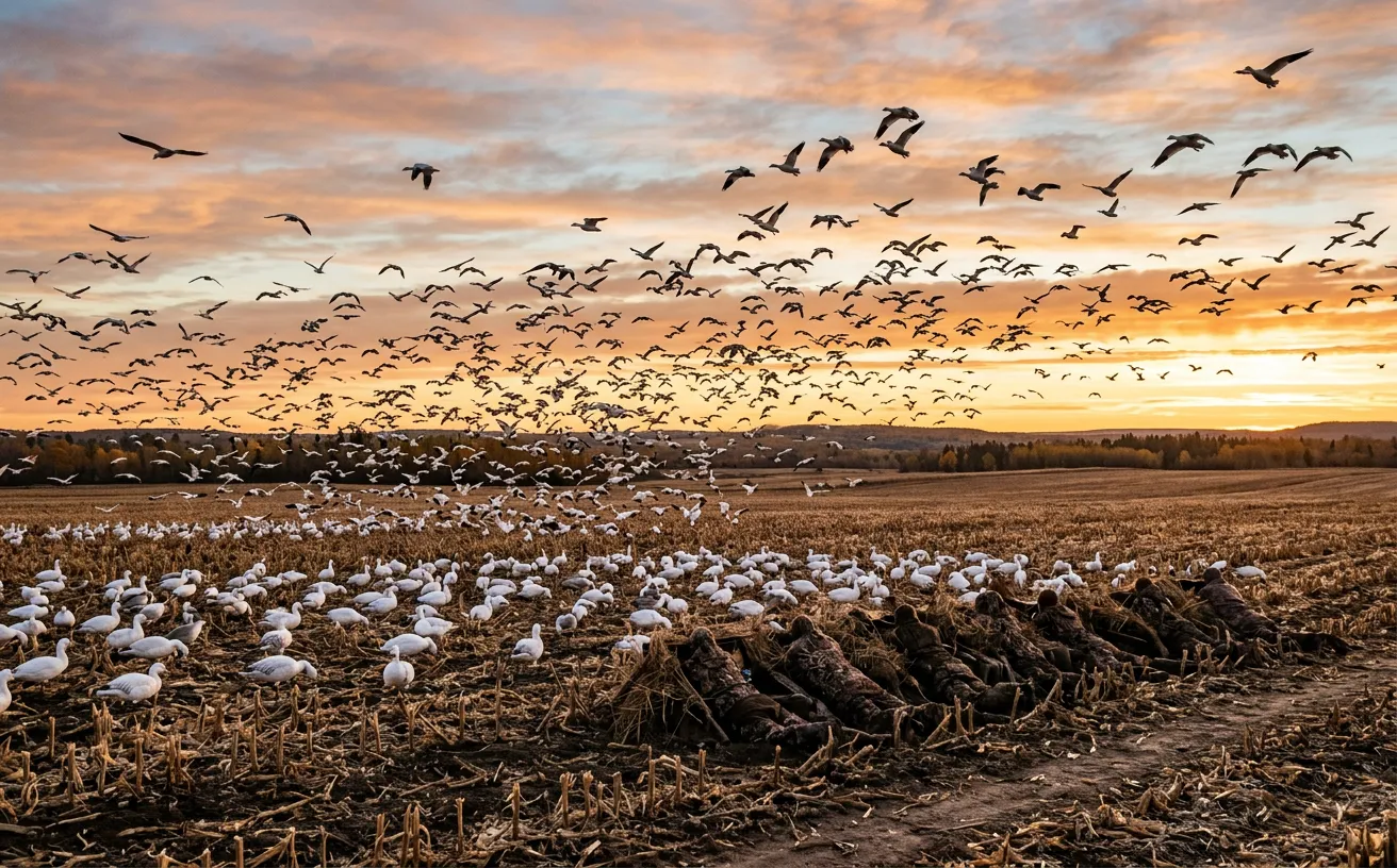 Thousands of snow geese flying over a field at sunrise during the migration in Quebec.