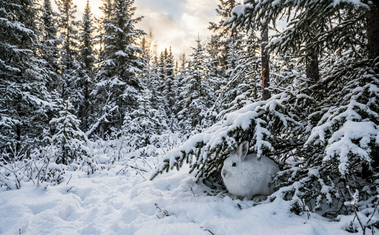 A snowshoe hare camouflaged in the snow under balsam fir branches during winter.