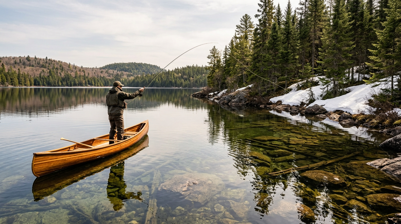 Un pêcheur à la mouche sur un lac boréal limpide au printemps.