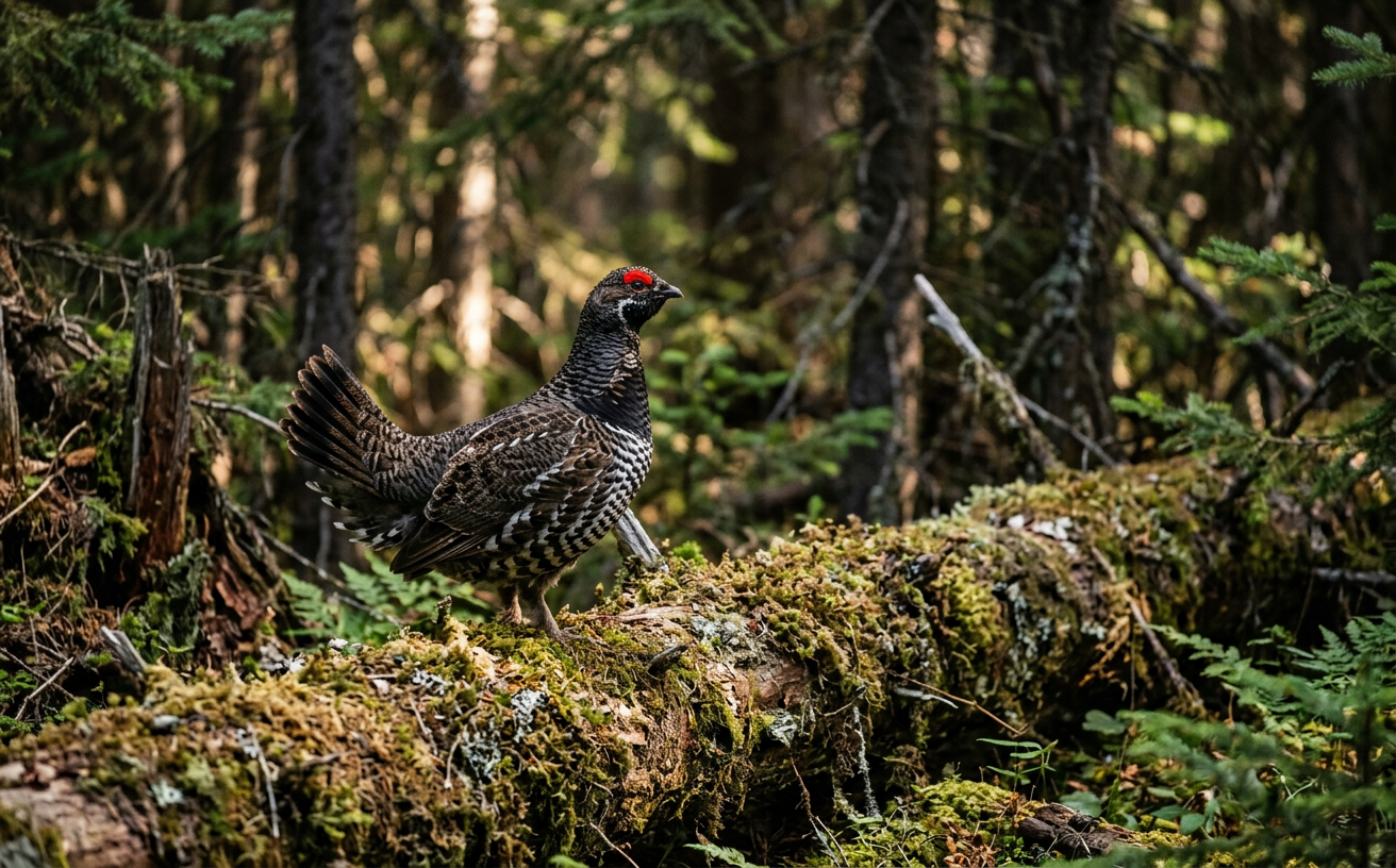 A male Spruce Grouse perched on a log in a dense spruce forest.