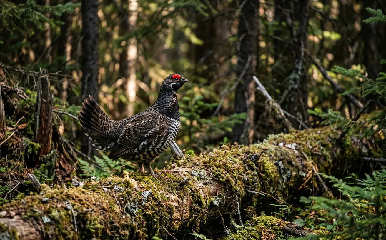 A male Spruce Grouse perched on a log in a dense spruce forest.