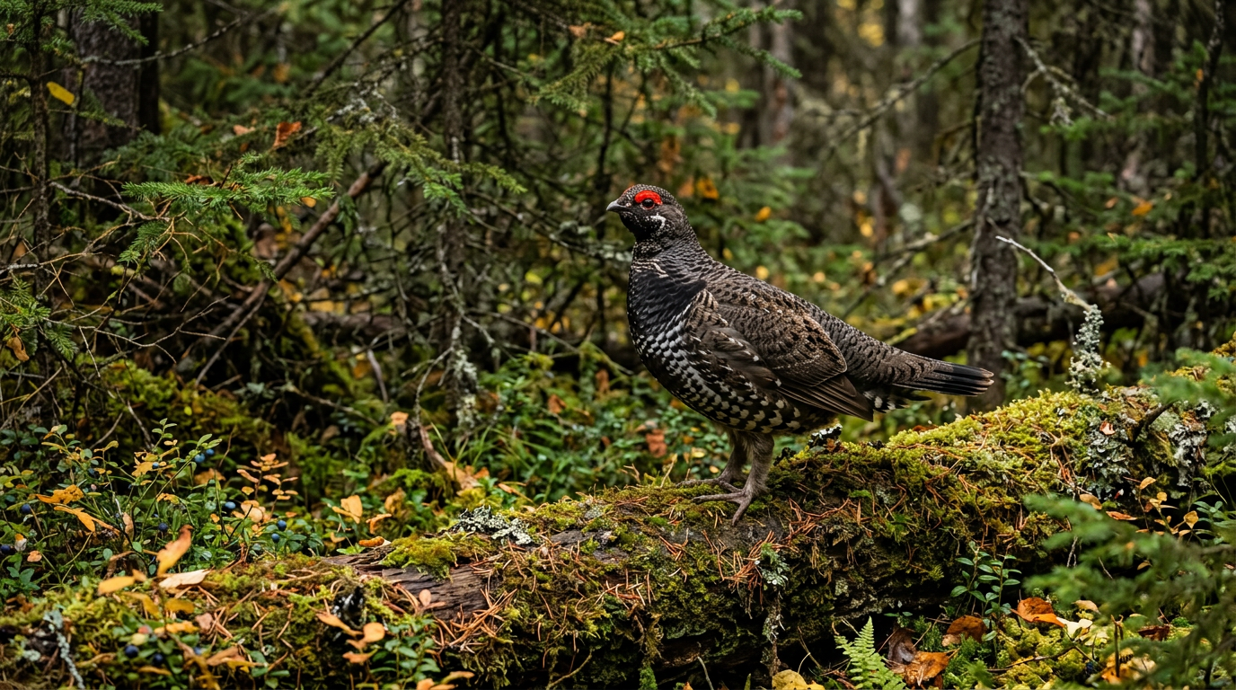 A male spruce grouse perched on a mossy log in a spruce forest.