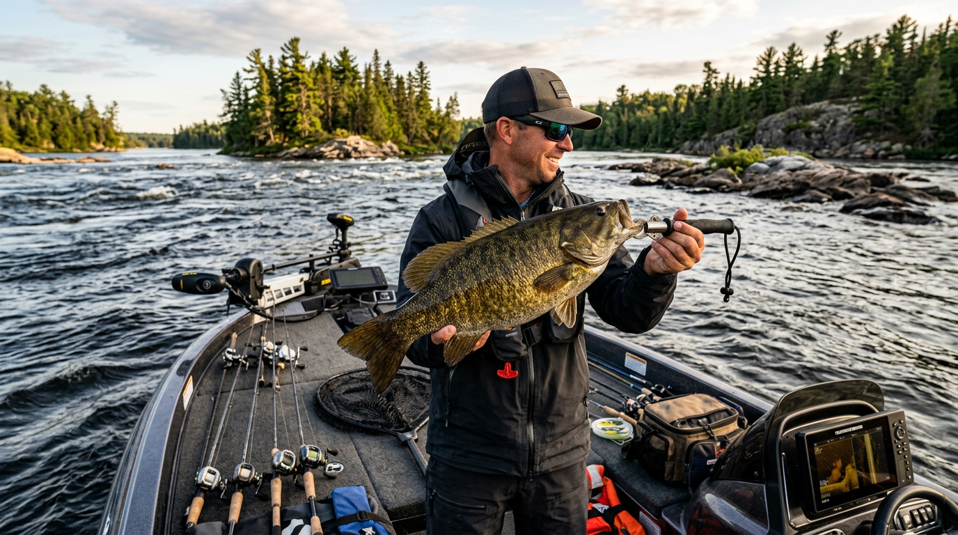 An angler holding a trophy smallmouth bass on the St. Lawrence River.