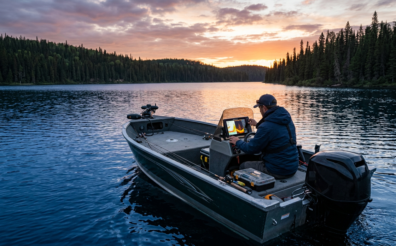 Angler using electronics to find walleye on a large reservoir.
