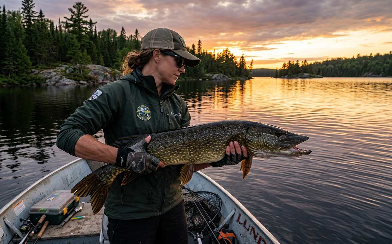 Un pêcheur tenant un énorme brochet trophée sur un lac de l'Abitibi.