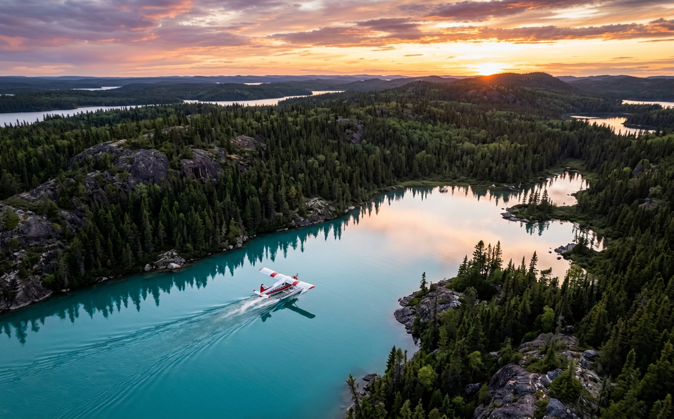 Floatplane landing on a remote lake in the North Shore region
