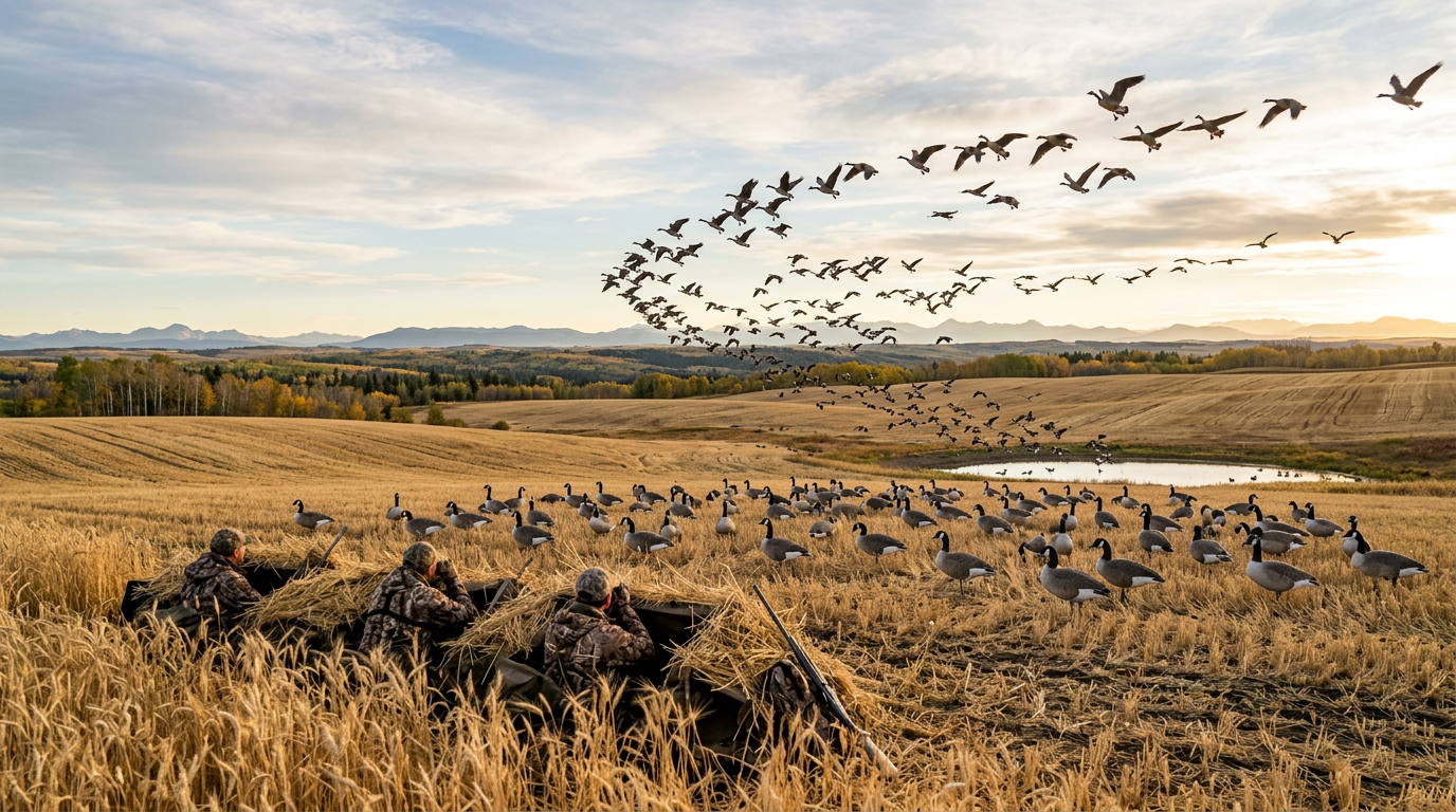 Waterfowl hunters in an Alberta agricultural field at dawn.