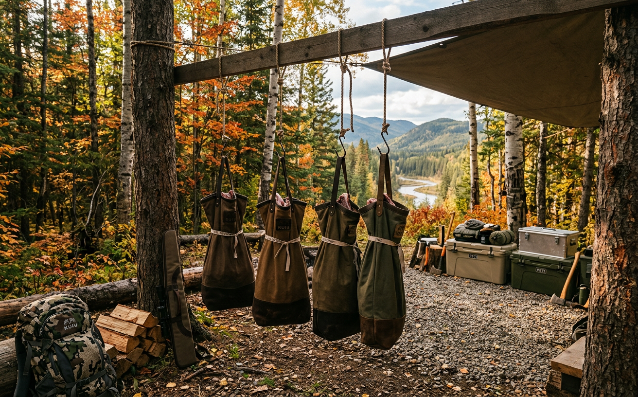 Game meat quarters in protective bags hanging in a Canadian autumn forest with hunting gear nearby.