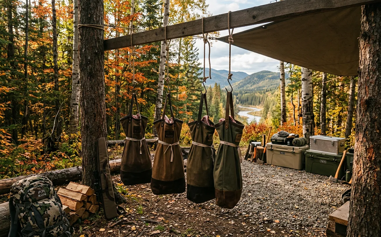 Quartiers de viande de gibier dans des sacs de protection suspendus dans une forêt canadienne en automne.