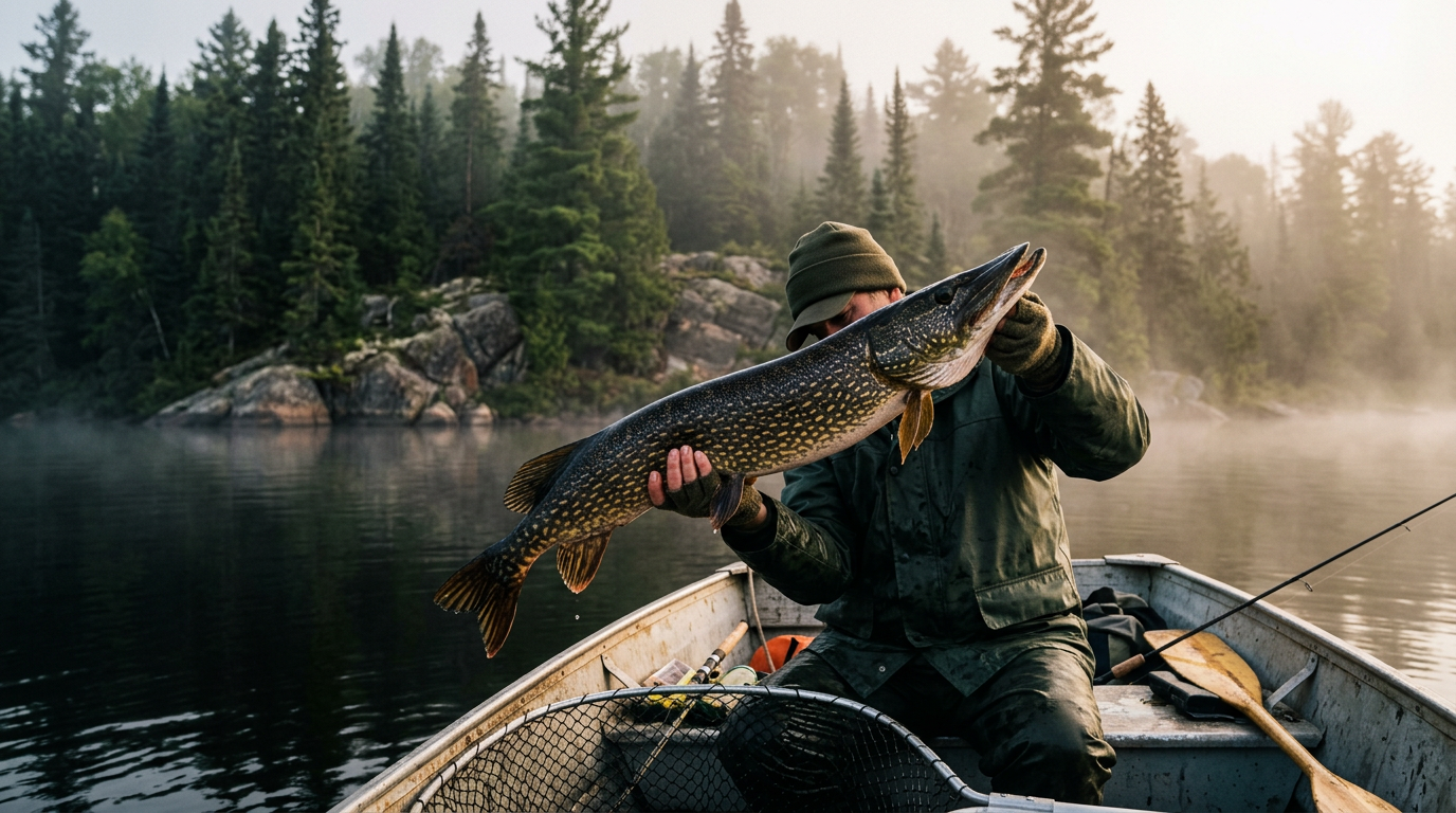 Pêcheur tenant un gros brochet sur un lac de la Mauricie au lever du soleil.