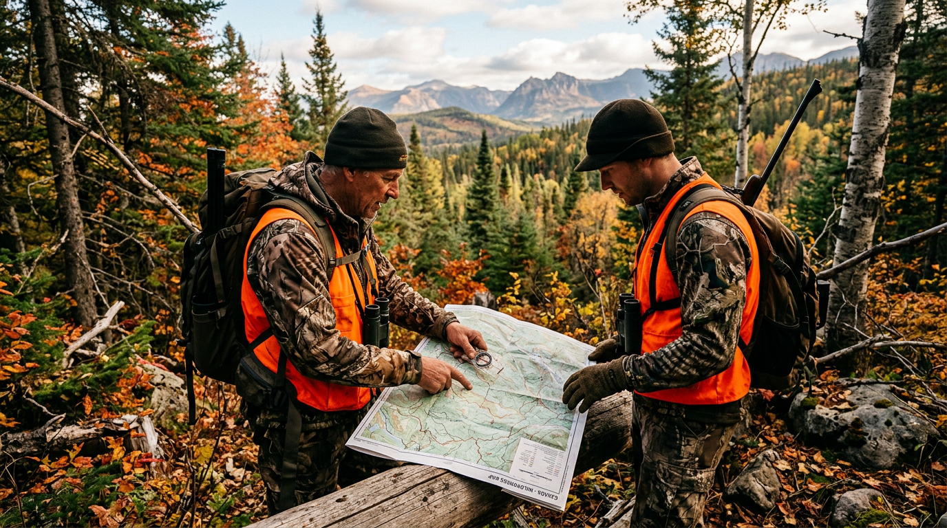 A hunting guide explaining the territory to a hunter in the woods.