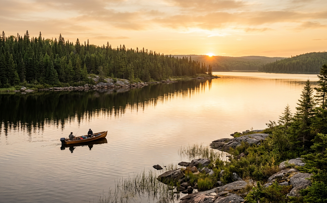 An angler on a calm lake surrounded by pines in Abitibi at dawn.