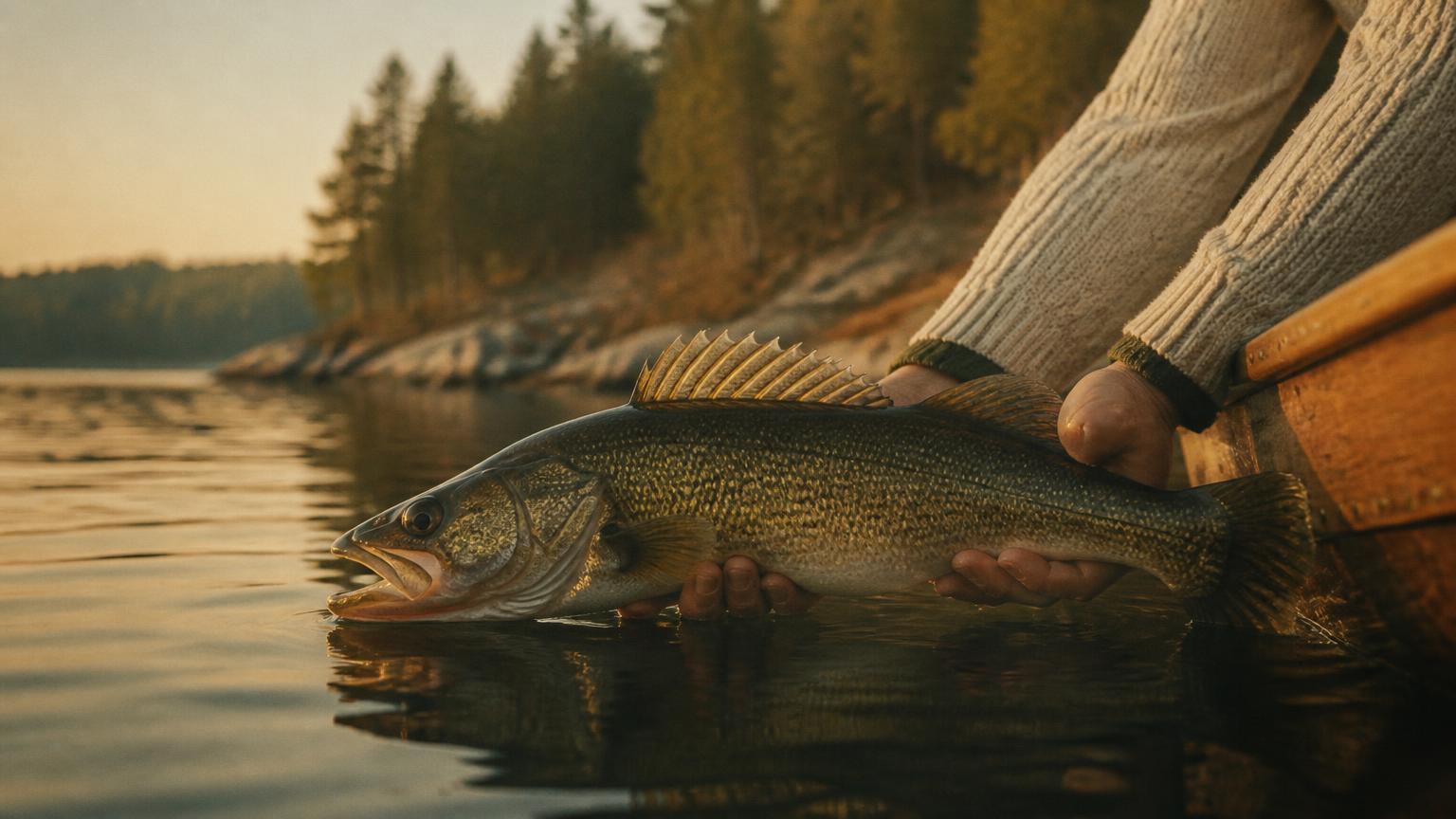 Walleye held above the calm water of an outfitter lake at dawn