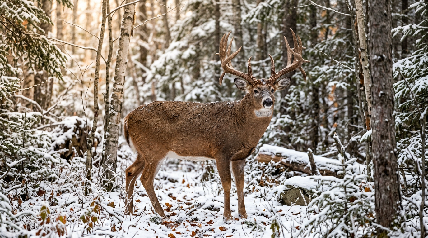 Un grand cerf de Virginie mâle dans une forêt enneigée de l'Ontario.