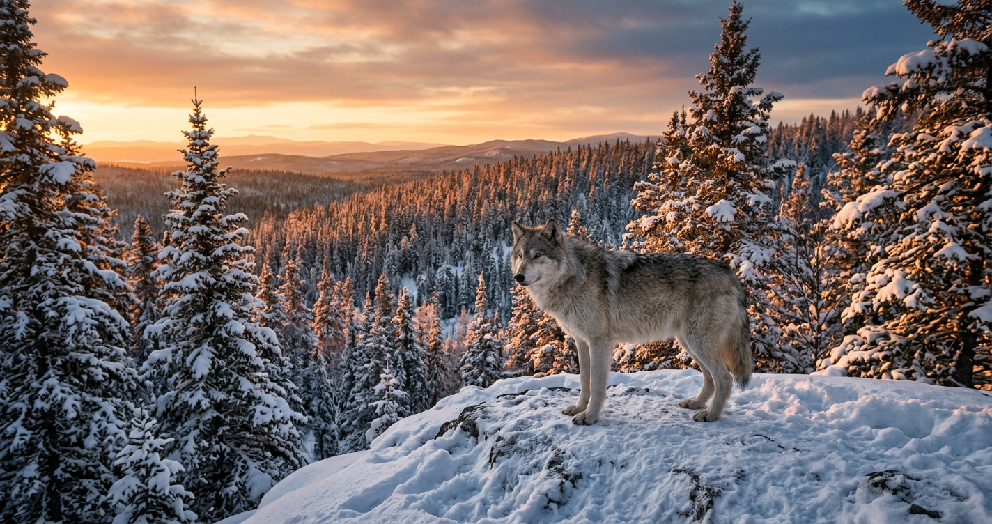 A majestic wolf on a snowy ridge in the boreal forest at sunset.