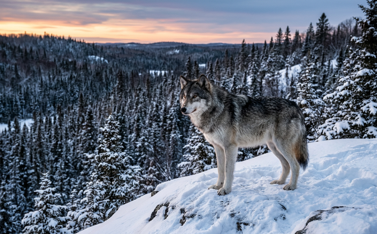 Un loup gris dans une forêt enneigée du Nord de l'Ontario en hiver.