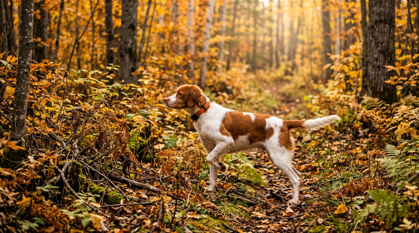 A pointing dog on point in a Quebec autumn forest during woodcock season.