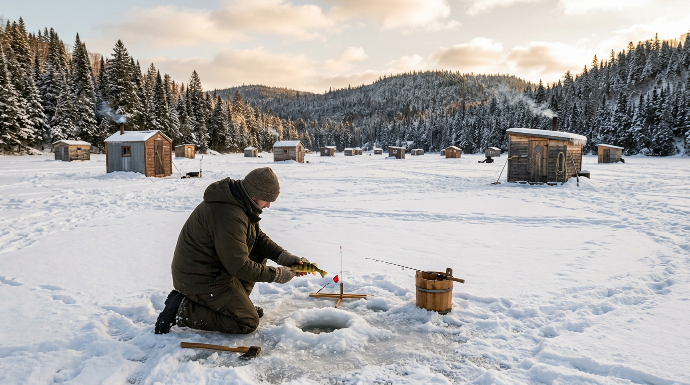 An angler on a frozen lake in Mauricie holding a yellow perch next to an ice fishing hut.