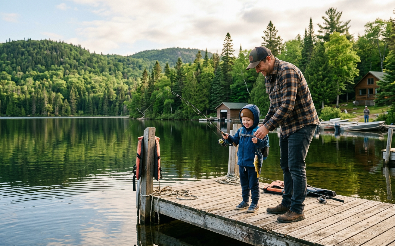A parent and child fishing for yellow perch on a dock in the Laurentians.